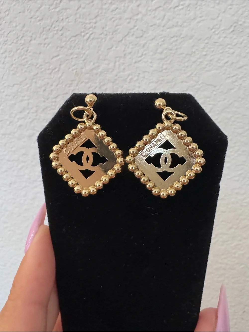 CHANEL Gold Drop Earrings with Pink Crystals